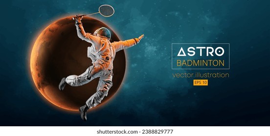 Abstract silhouette of a badminton player astronaut in space action and Earth, Mars, planets on the background of the space. The badminton player hits the shuttlecock. Vector 3d render illustration