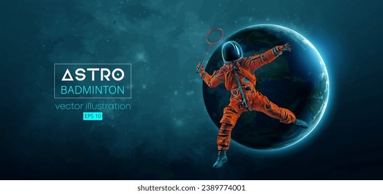 Abstract silhouette of a badminton player astronaut in space action and Earth, Mars, planets on the background of the space. The badminton player hits the shuttlecock. Vector 3d render illustration