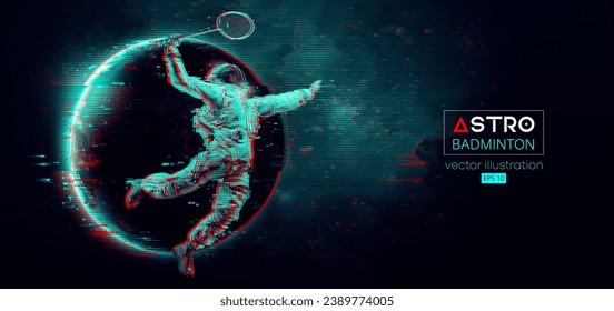 Abstract silhouette of a badminton player astronaut in space action and Earth, Mars, planets on the background of the space. The badminton player hits the shuttlecock. Vector 3d render illustration