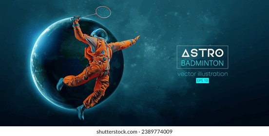 Abstract silhouette of a badminton player astronaut in space action and Earth, Mars, planets on the background of the space. The badminton player hits the shuttlecock. Vector 3d render illustration