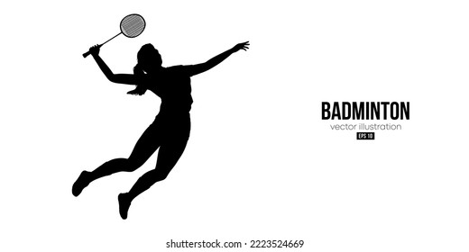 Abstract silhouette of a badminton player on white background. The badminton player woman hits the shuttlecock. Vector illustration