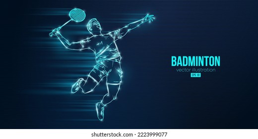 Abstract silhouette of a badminton player on blue background. The badminton player man hits the shuttlecock. Vector illustration