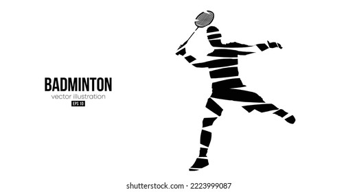 Abstract silhouette of a badminton player on black background. The badminton player man hits the shuttlecock. Vector illustration