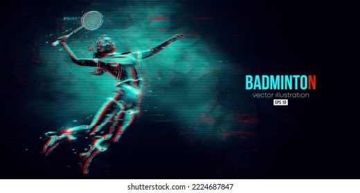 Abstract silhouette of a badminton player on black background. The badminton player woman hits the shuttlecock. Vector illustration