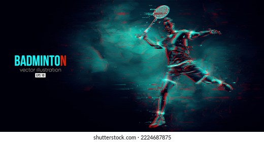 Abstract silhouette of a badminton player on black background. The badminton player man hits the shuttlecock. Vector illustration