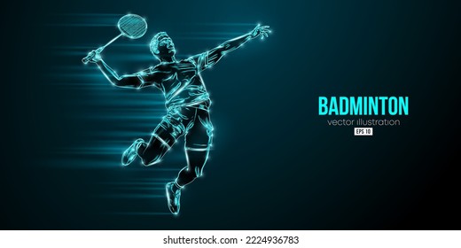 Abstract silhouette of a badminton player on black background. The badminton player man hits the shuttlecock. Vector illustration
