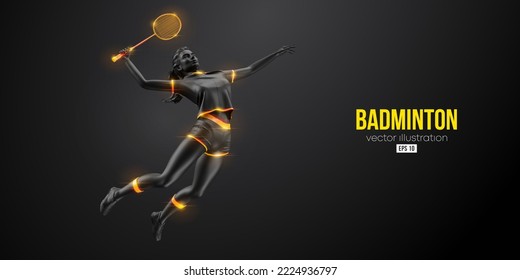 Abstract silhouette of a badminton player on black background. The badminton player woman hits the shuttlecock. Vector illustration