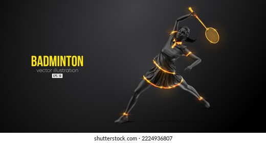 Abstract silhouette of a badminton player on black background. The badminton player woman hits the shuttlecock. Vector illustration