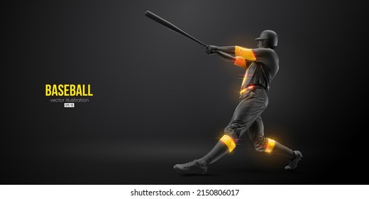 Abstract silhouette of a baseball player on black background. Realistic baseball player batter hits the ball. Vector illustration
