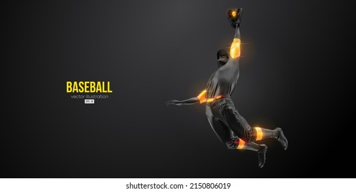 Abstract silhouette of a baseball player on black background. Realistic baseball player batter hits the ball. Vector illustration
