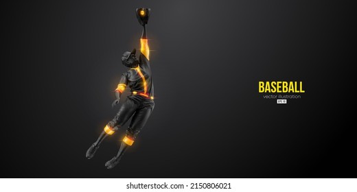 Abstract silhouette of a baseball player on black background. Realistic baseball player batter hits the ball. Vector illustration
