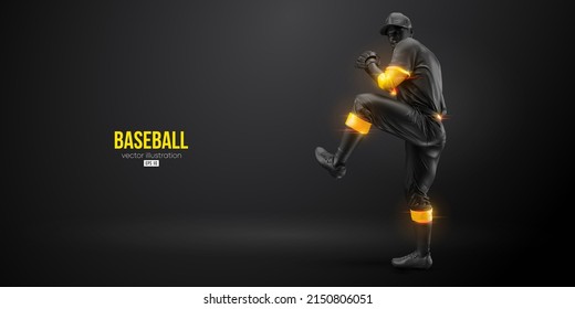 Abstract silhouette of a baseball player on black background. Realistic baseball player batter hits the ball. Vector illustration
