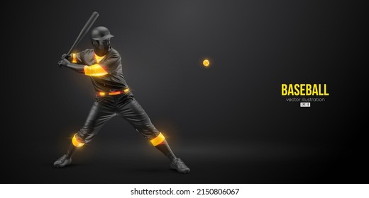 Abstract silhouette of a baseball player on black background. Realistic baseball player batter hits the ball. Vector illustration
