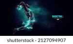 Abstract silhouette of a basketball player man in action isolated blue background. Vector illustration