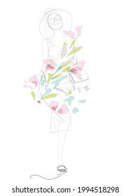 Abstract silhouette of a beautiful woman in hat in line art style,decorated with watercolor spots and flowers, leaves. Hand drawn  vector illustration.