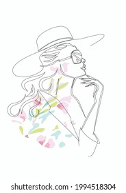 Abstract silhouette of a beautiful woman in hat in line art style,decorated with watercolor spots and flowers, leaves. Hand drawn  vector illustration.