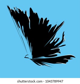 Abstract silhouette of a bird with spread wings. Spot ink stylized bird shape. Vector black blots depicting flight