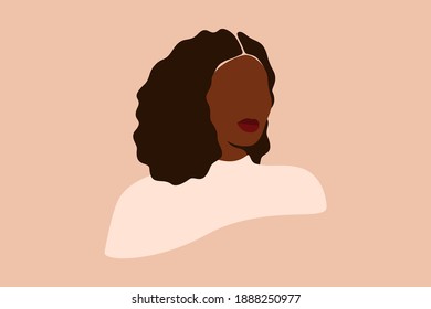 Abstract Silhouette of Black woman with curly hair. Confident young female with dark brown skin portrait. Vector illustration for International Women's Day and Mother's day. 