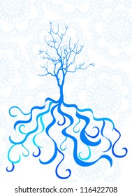 Abstract silhouette of a blue tree with patterns