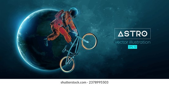 Abstract silhouette of a bmx rider, astronaut is riding on sport bicycle in space action and Earth, Mars, planets on the background of the space. Cycling sport transport. Vector illustration