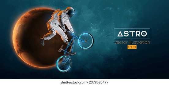 Abstract silhouette of a bmx rider, astronaut is riding on sport bicycle in space action and Earth, Mars, planets on the background of the space. Cycling sport transport. Vector illustration