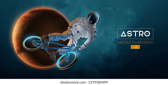 Abstract silhouette of a bmx rider, astronaut is riding on sport bicycle in space action and Earth, Mars, planets on the background of the space. Cycling sport transport. Vector illustration