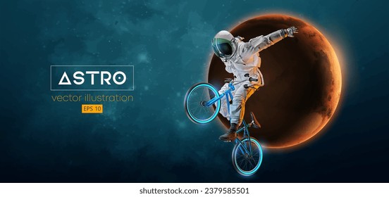 Abstract silhouette of a bmx rider, astronaut is riding on sport bicycle in space action and Earth, Mars, planets on the background of the space. Cycling sport transport. Vector illustration