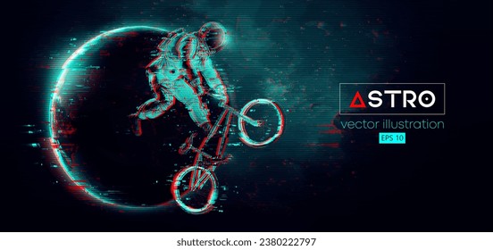 Abstract silhouette of a bmx rider, astronaut is riding on sport bicycle in space action and Earth, Mars, planets on the background of the space. Cycling sport transport. Vector illustration