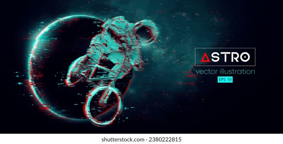 Abstract silhouette of a bmx rider, astronaut is riding on sport bicycle in space action and Earth, Mars, planets on the background of the space. Cycling sport transport. Vector illustration