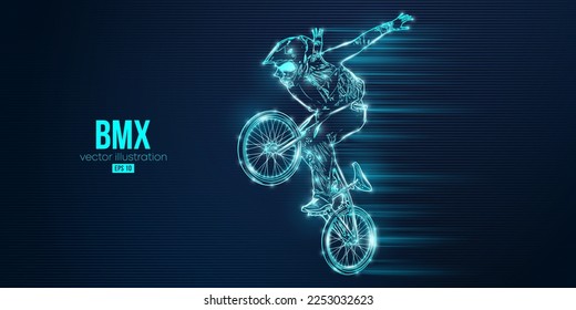 Abstract silhouette of a bmx rider, man is doing a trick, isolated on blue background. Cycling sport transport. Vector illustration