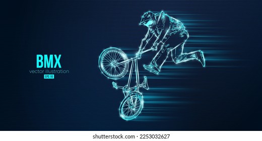Abstract silhouette of a bmx rider, man is doing a trick, isolated on blue background. Cycling sport transport. Vector illustration