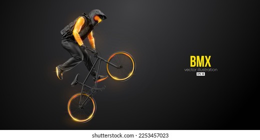 Abstract silhouette of a bmx rider, man is doing a trick, isolated on black background. Cycling sport transport. Vector illustration