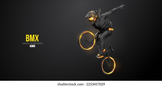 Abstract silhouette of a bmx rider, man is doing a trick, isolated on black background. Cycling sport transport. Vector illustration