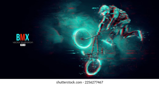 Abstract silhouette of a bmx rider, man is doing a trick, isolated on black background. Cycling sport transport. Vector illustration