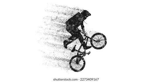 Abstract silhouette of a bmx rider, man is doing a trick, isolated on white background. Cycling sport transport. Vector illustration