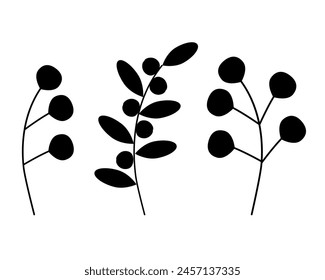 Abstract silhouette botanical branches with leaves and berries in minimalist style Set of 3 Isolate