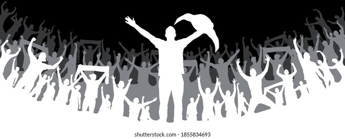 Abstract silhouette of a boxer-fighter on a white background. A crowd of fans, extras. The boxer is the winner. Convenient organization of the eps file. Vector illustration. Thank you for watching svg