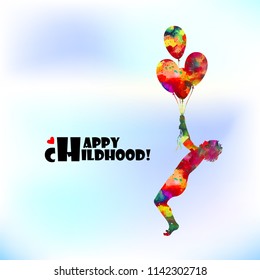 Abstract silhouette of a boy flying in a hot air balloon