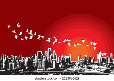 Abstract silhouette of city with red sun on red background.
