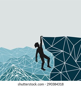 abstract silhouette of a climber in a helmet hanging from the mountains. vector