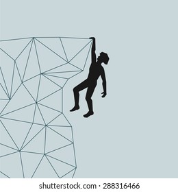 abstract silhouette of a climber in a helmet that the right hand on the rock ledge