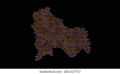 Abstract silhouette constructed from many small semi-circle shapes. Vibrant mix of purple, gold, and brown colors. Black backdrop.