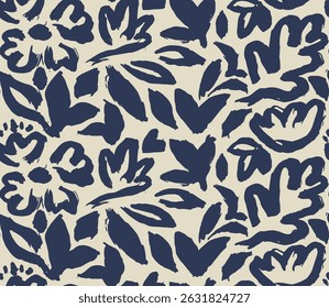 Abstract silhouette contemporary floral shape seamless pattern. black hand drawn bush leaves and flower pattern background.
