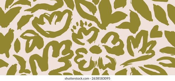 Abstract silhouette contemporary floral shape seamless pattern. black hand drawn bush leaves and flower pattern background.