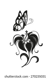 Abstract silhouette of decorative butterfly and flower. It is designed to decorate