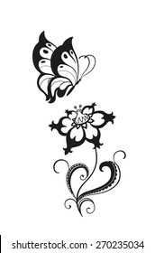 Abstract silhouette of decorative butterfly and flower. It is designed to decorate
