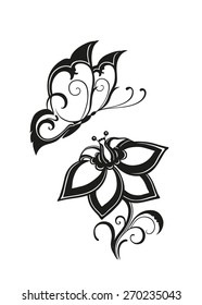 Abstract silhouette of decorative butterfly and flower. It is designed to decorate