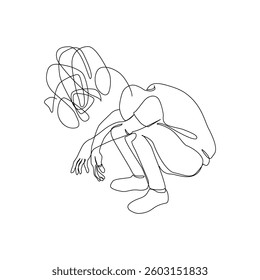 Abstract silhouette of depressed man suffering from psychological diseases, anxiety. Mental health problem concept. Minimal one line drawing art. Continuous line design vector graphic illustration