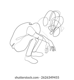 Abstract silhouette of depressed man suffering from psychological diseases, anxiety. Mental health problem concept. Minimal one line drawing art. Continuous line design vector graphic illustration