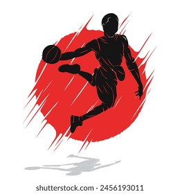 Abstract silhouette design of a basketball player character doing slam dunk